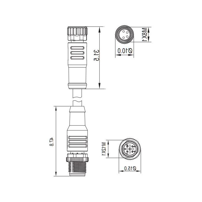 M8转M12 4Pin M8母头直型转M12公头直型、双端预铸PUR柔性电缆、橙色护套、63T261-XXX